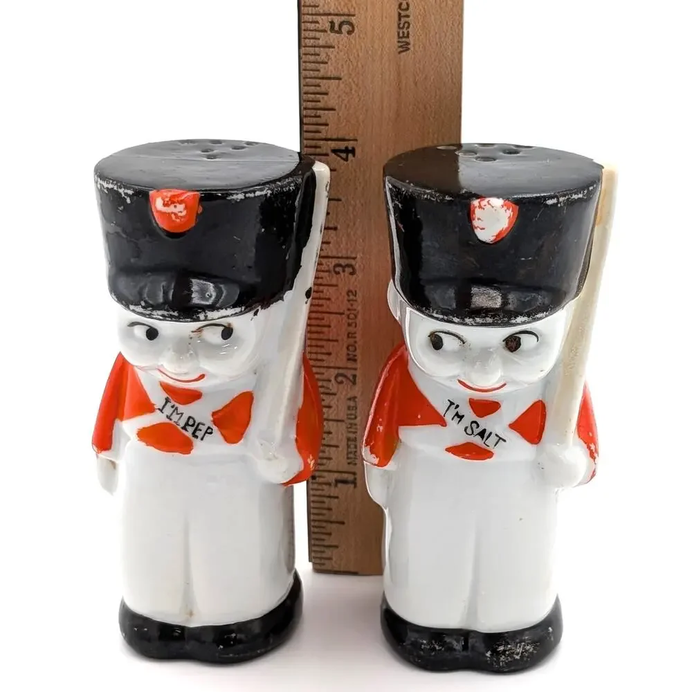 Vintage Japanese Toy Soldier Salt Pepper Shakers Porcelain Novelty Retro Kitsch